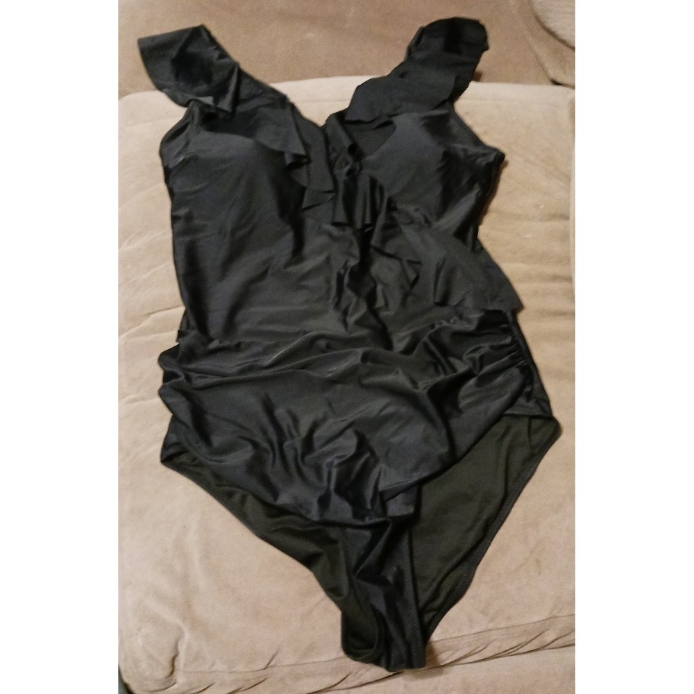 NEW Black Ruffled V Neck Slimming Tummy Minimizing One Piece Swimsuit, Size XXL